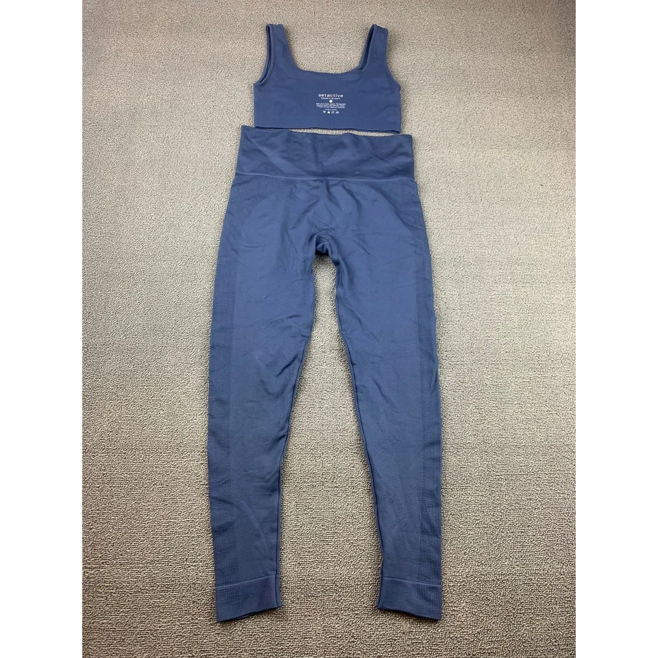 Conjunto de leggings sujetador deportivo acanalado azul medio activo para mujer Foto 2 de 4