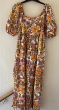 TU UK 8 Cotton Midi Dress Orange Floral Retro Long   Peasant Shirred