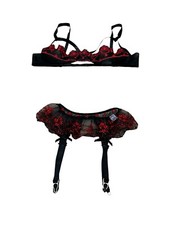 Glydons Vintage Lingerie Black Red Lace Garter Belt  Bra Set Coquette Size S