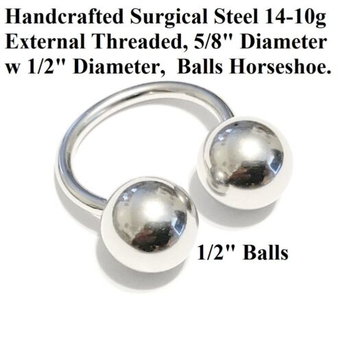 Handcrafted Surgical Steel 14g to 10g 5/8" Dia. with 1/2" Balls PA Horseshoes. - Picture 3 of 4