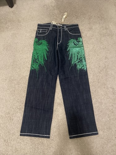 Jeans da uomo vintage Y2K blu grezzo large da pattinatore grunge taglia 32x30 cyber wings nuovi con etichette - Foto 6 di 8