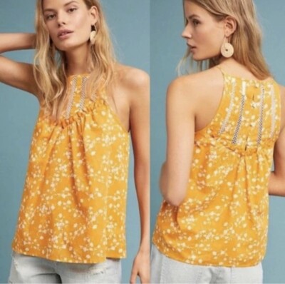 New ANTHROPOLOGIE Maeve Medium Martell Yellow Mustard 100% Cotton Floral Halter