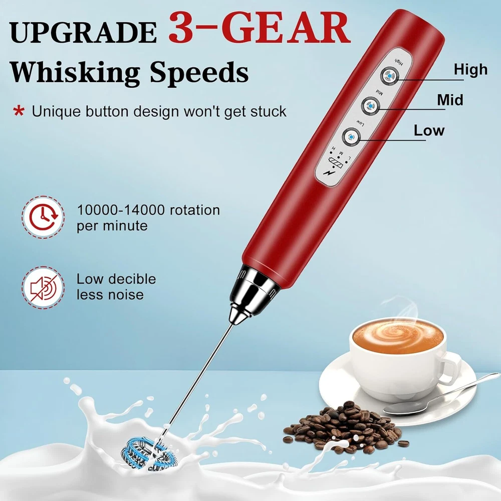 Milk Frother Handheld with Stand, Electric Whisk 3 Speed Adjustable, Red