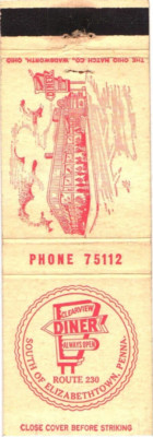 Clearview Diner, South of Elizabethtown, Pennsylvania, Vintage Matchbook Cover
