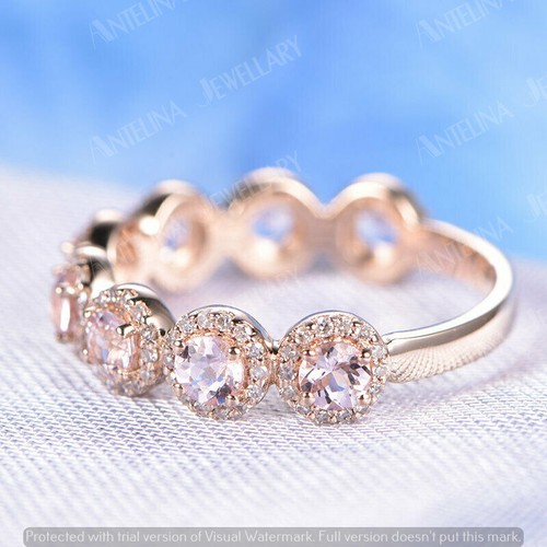 1.40Ct Round Cut Morganite Women Eternity Wedding Band Ring 14K Rose Gold Finish - Picture 4 of 10