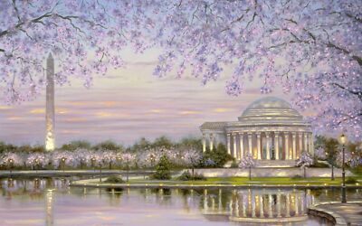 DC painting building river spring blossoms washington playmat gaming mat