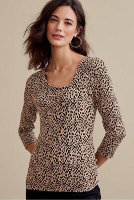 Soft Surroundings Medium Leopard Top Ribbed Animal Print Long Sleeve Neutral