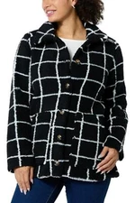 Nina Leonard Collared Faux Sherpa Jacket Black/Ivory