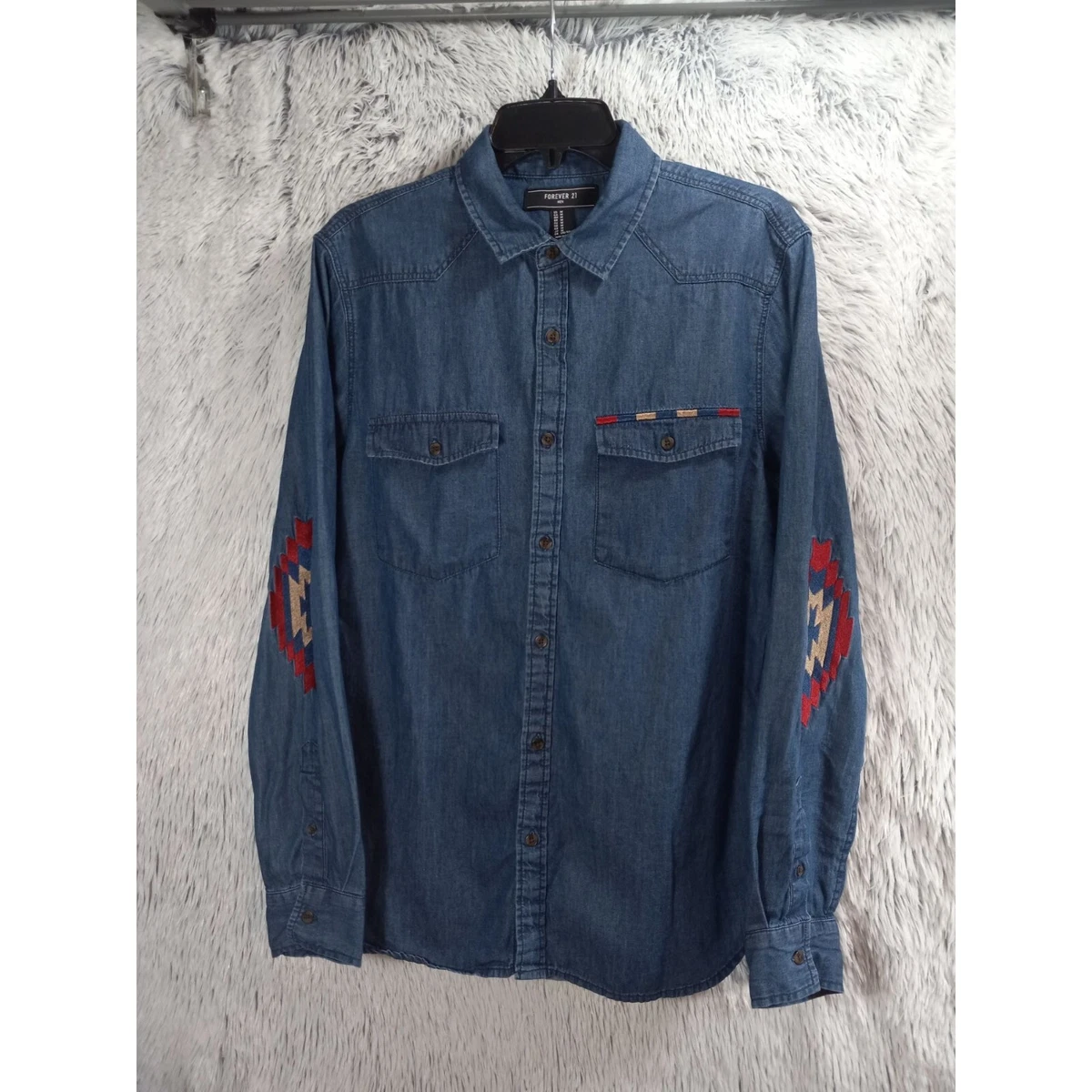Forever 21 Denim Shirt Mens Medium Long Sleeve Embroidered Y2K