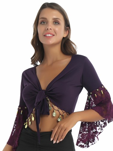 Women Lace Flare Sleeve Gold Coins Lace-Up Shawl Indian Clothing Belly Dance AU - Picture 18 of 85