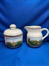 VILLEROY & BOCH "DESIGN NAIF" CREAMER & LIDDED SUGAR BOWL LAPLAU FARM ART, BUNNY