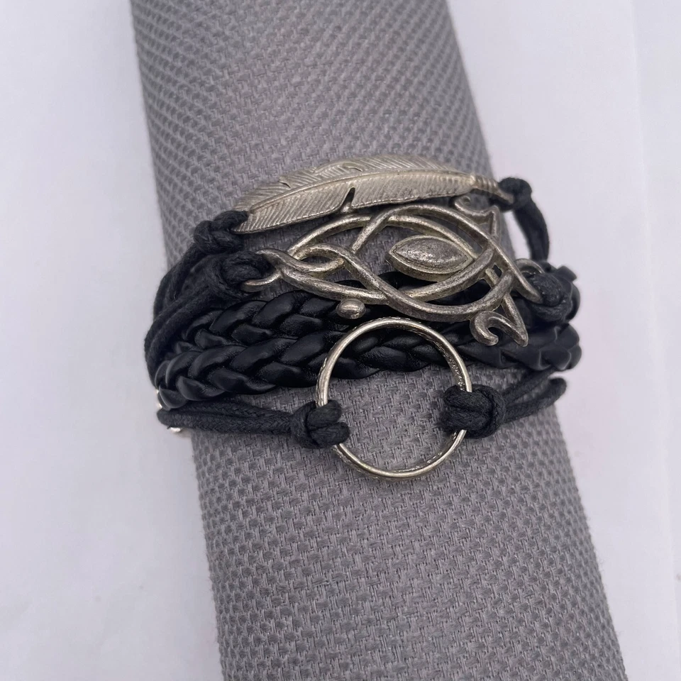 AB Ashley Bridget Braided Leather Cord Feather Ring Chain Bracelet - Image 3 of 4