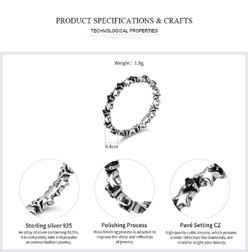925 Sterling Silver Black Star Stackable Ring for Women Ladies Girls Retro - Picture 6 of 6