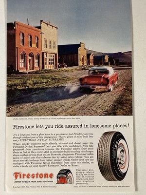 1957 Firestone Tire Print Ad Nylon Supreme Gumliner Ride Assured Lonesome Places