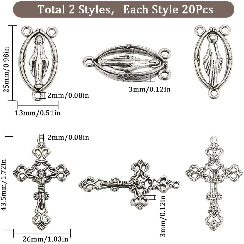 40Pcs Silver Crucifix Charms Rosary Cross Charms Vintage Easter Metal Oval Chand
