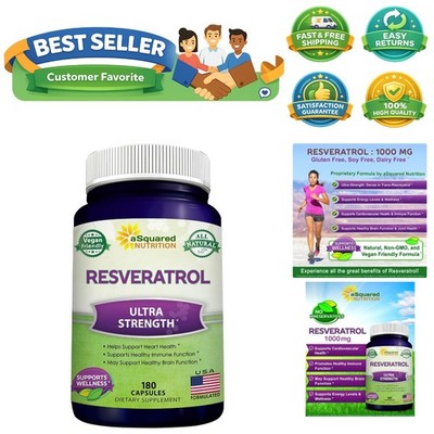 100% Natural Resveratrol - 1000mg Per Serving Max Strength 180 Capsules Antio...