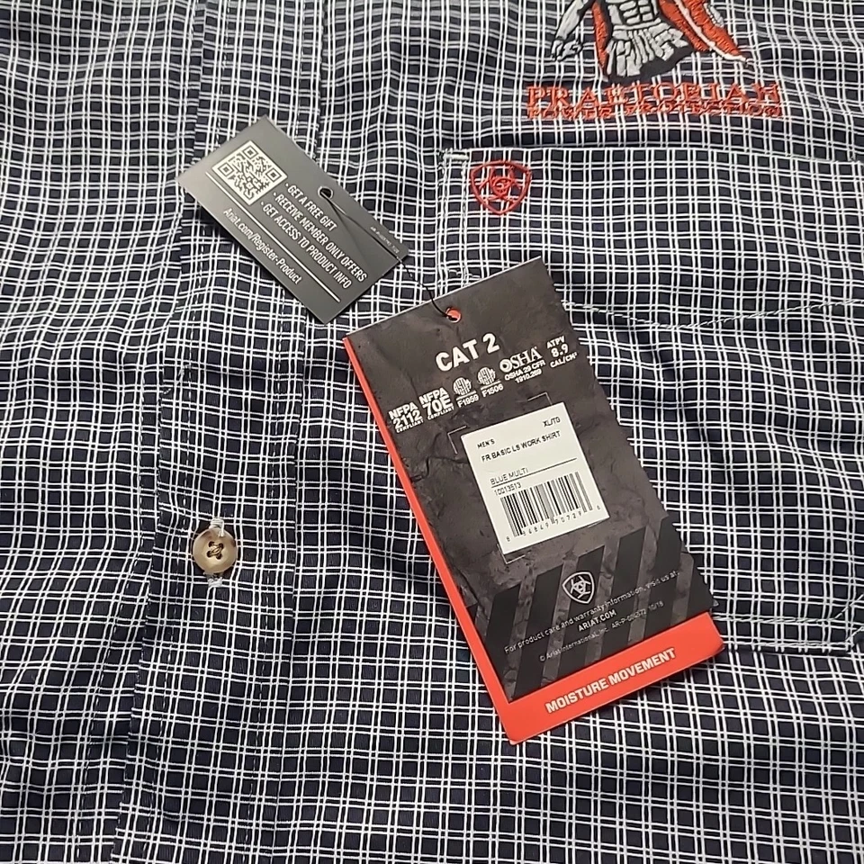 *LOGO* Camisa de Trabajo Ariat FR Cat 2 Manga Larga Azul Cuadros, Abotonada, Talla XL Foto 2 de 4