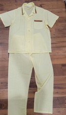 Vintage 60s Yellow Cotton 2-Pc Pajama Set Short Top Long Bottoms Mens Med -Lg