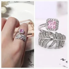 Luxury Crystal Leaf Adjustable Ring Women's Jewelry  Pink Stone CZ Silver Plated