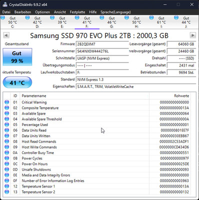 Samsung 970 EVO Plus 2TB NVMe M.2 SSD   Top Zustand (99% / erst 24 TBW)   DRAM C