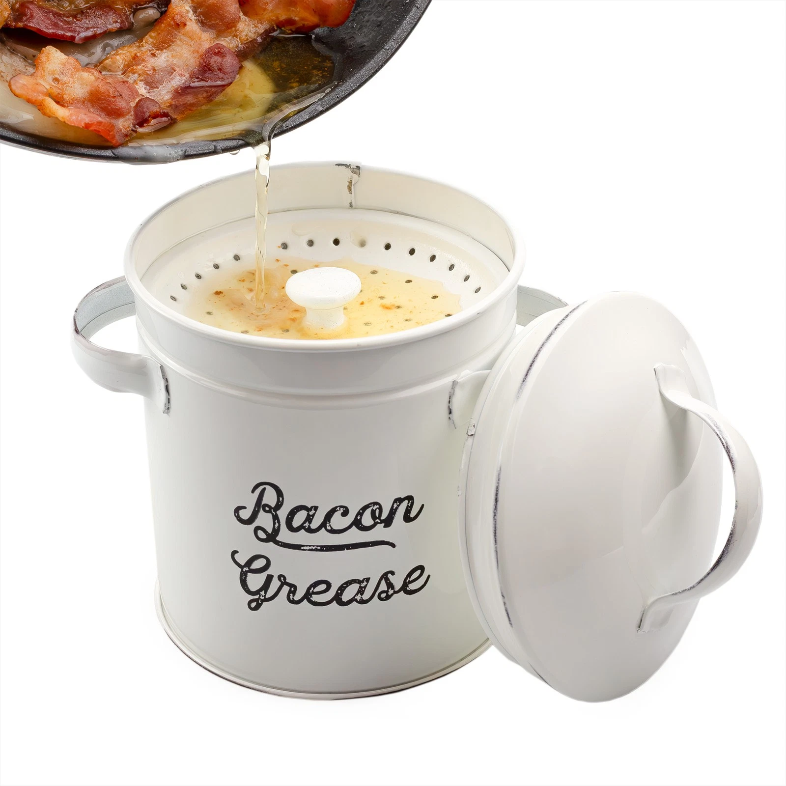 White Enamel Grease Bacon Grease Container w/Strainer Farmhouse, Keto-Friendly
Opens in a new window