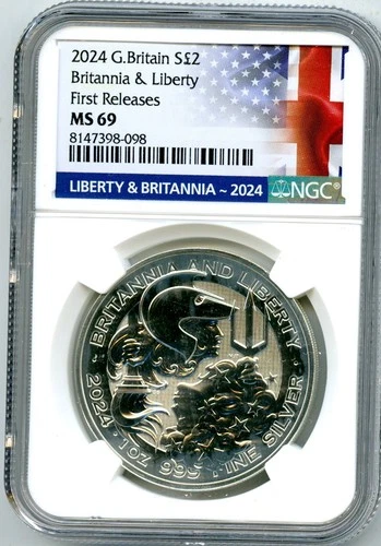 2024 GREAT BRITAIN 1OZ SILVER NGC MS69 BRITANNIA & LIBERTY FR - HEAVY WHITE HAZE