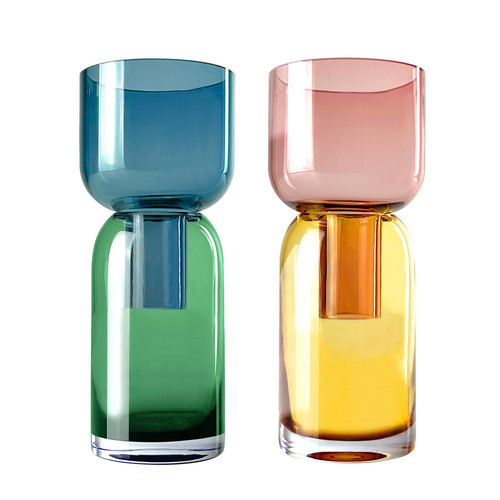 Reversible Glass Flower Vase and Bud Vase Set of 2, Blue & Green and Pink & Y...