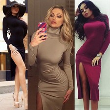Women's High Neck Long Sleeve Bodycon Dresses Thigh Slit Evening Midi Club Dress