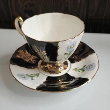 Vintage Royal ADDERLEY Tea Cup And Saucer Black White Floral Black Bone China