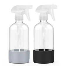 2 Pack Glass Spray Bottles with Silicone Sleeve, 16 oz Empty Refillable Conta...