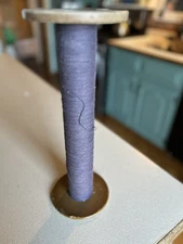 VINTAGE WOODEN SPOOL/SPINDLE/TEXTILE W/DARK PURPLE THREAD. 13.5'' TALL