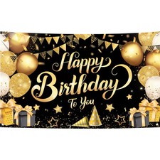 Black and Gold Happy Birthday Banner - XtraLarge 72x44 Inch Birthday Decoratio