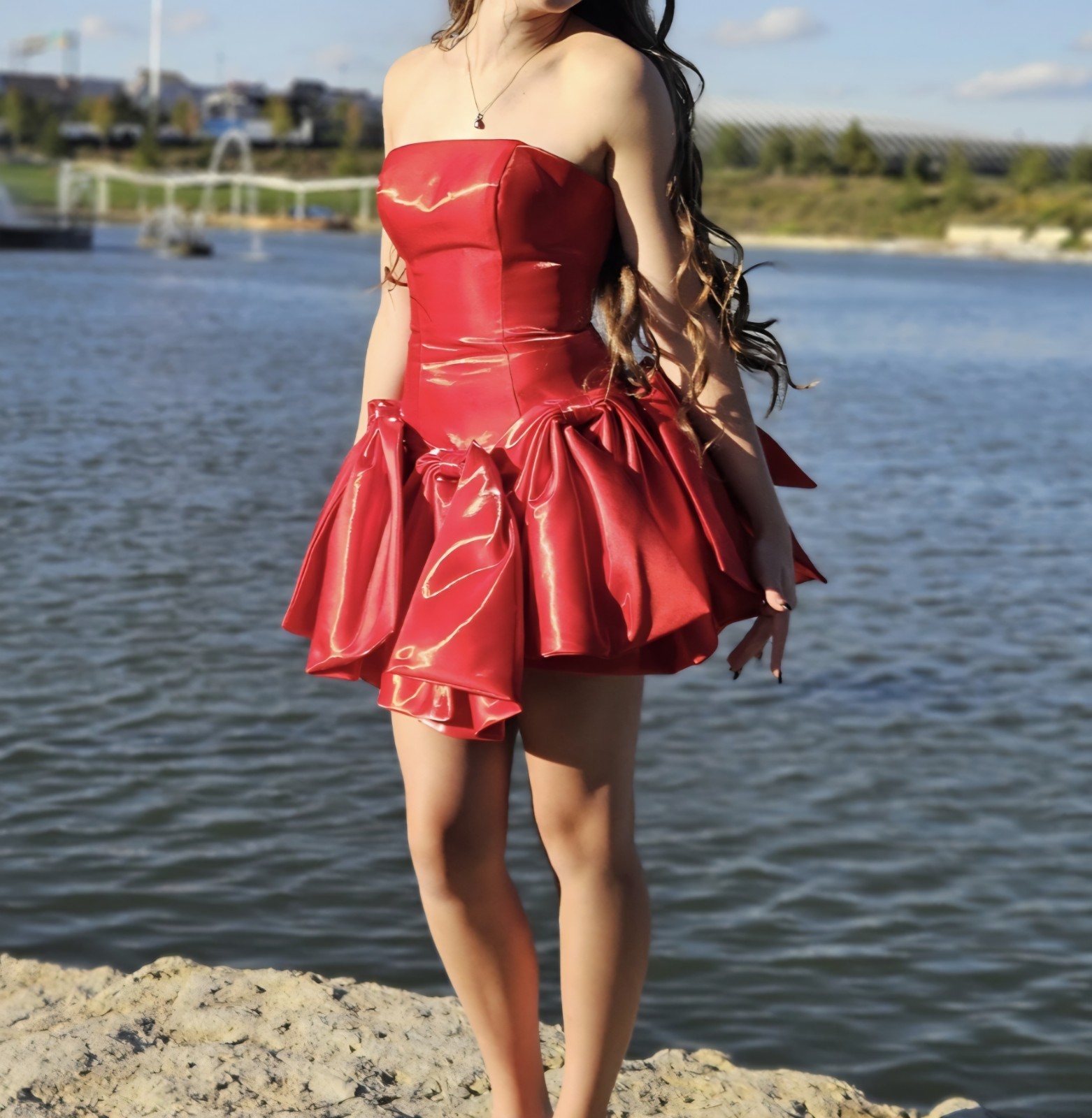 ALYCE Paris Strapless Red Satin Mini Dress Size 00 Bow & Layered Accents