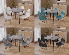 Moderner grauer Keramik Esstisch mit 4-teiliger Lounge Stühle Set mit Massivholzbeinen