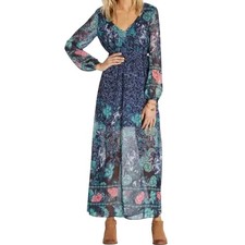 Billabong Boho Floral Chiffon Maxi Dress Navy Sheer Long Sleeve Lined S Petite