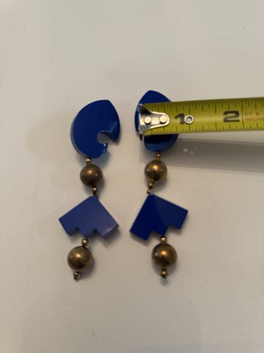 Vtg 80's/90's Statement Geometric Resin/Acrylic Clip Drop Dangle Earrings Blue - Picture 7 of 8