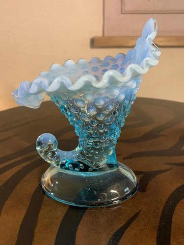 Vintage Fenton Blue Opalescent Ruffled Hobnail Cornucopia Horn Vase