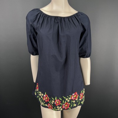 Pep&Co Top 10 Womens Navy Blue Plain Half Sleeve Floral Embroidered Hem Shirt