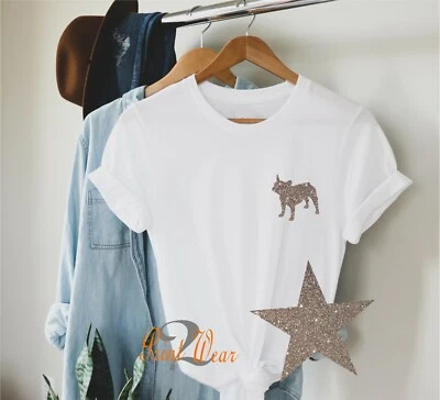 PRINT2WEAR French Bulldog - Glitter Print Ladies T Shirt unisex Dog Lovers Top kids sizes