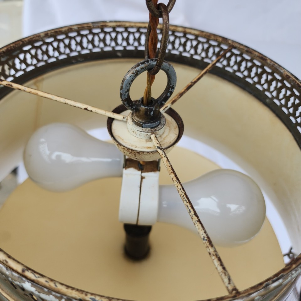 Vintage MCM Bronze Colored Metal Hanging Pendant Chain Lamp For