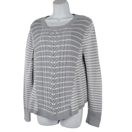 Cupio Pullover Sweater Womens L Gray White Cotton Rayon Long Sleeve Flared Hem