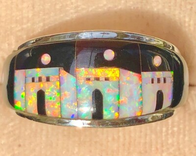 ''The Three Dwellings'' Unusual Starry Night and red fire Opal ring 10 Sterling 