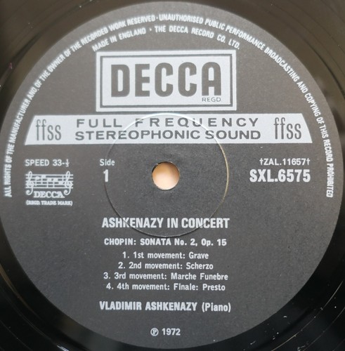 SXL 6575 Ashkenazy In Concert Chopin Sonata no. 2 Decca Stereo NEAR MINT - Picture 3 of 5