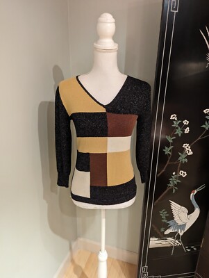 90s/Y2K Monica Gellar FRIENDS Colorblock Metallic Sweater Top Small 3/4SLV  147