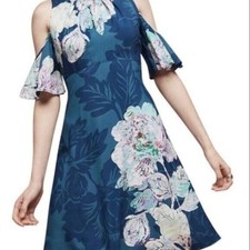 Anthropologie Maeve Cold Shoulder Blue Floral Flounced Viscose Dress Size 8