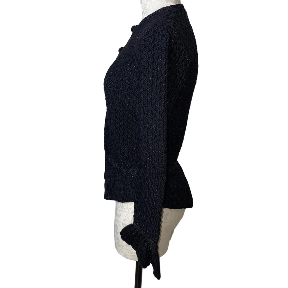 Cárdigan Suéter Vintage Para Mujer Talla Pequeña Negro Tejido Metálico Peplum Abotonado Foto 3 de 4