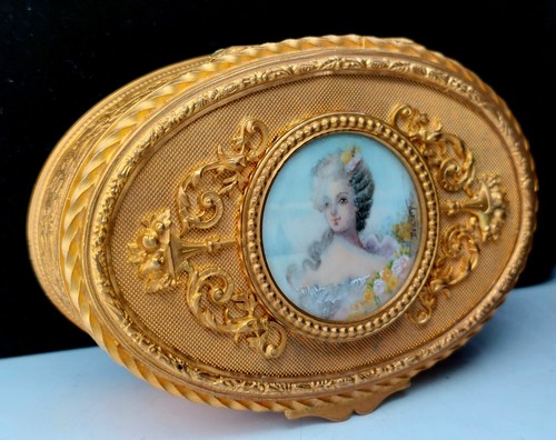 Antiker französischer Ormolu handbemalt signiert Portrait Goldbronze Waschtischkasten 41/4x3x11/4 - Bild 3 von 13
