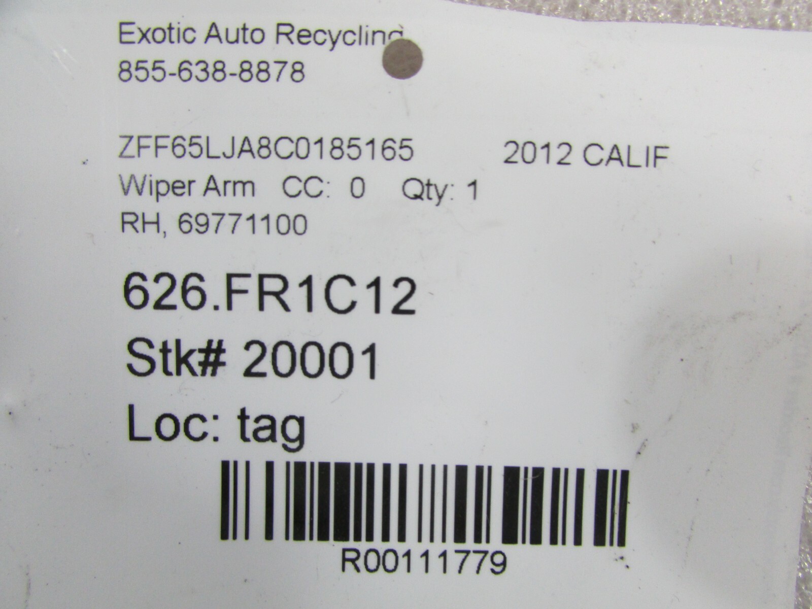 Ferrari California, RH, Right Wiper Arm, Used, P/N 69771100