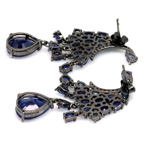 925 Plata de Ley Zafiro Azul Pendientes Negro Oro Revestido - Imagen 3 de 4