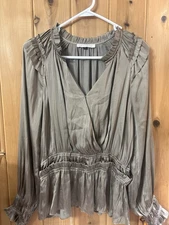 Pookie & Sebastian Ruffle Peplum Blouse L Taupe Silky Long Sleeve